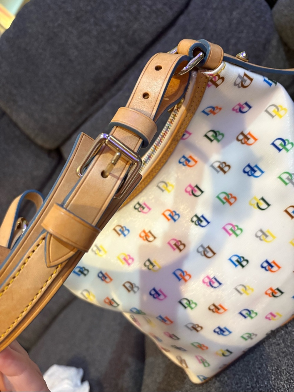 Dooney & Bourke White Multicolor DB Logo Shoulder Bag with Tan Trim - Picture 6 of 16